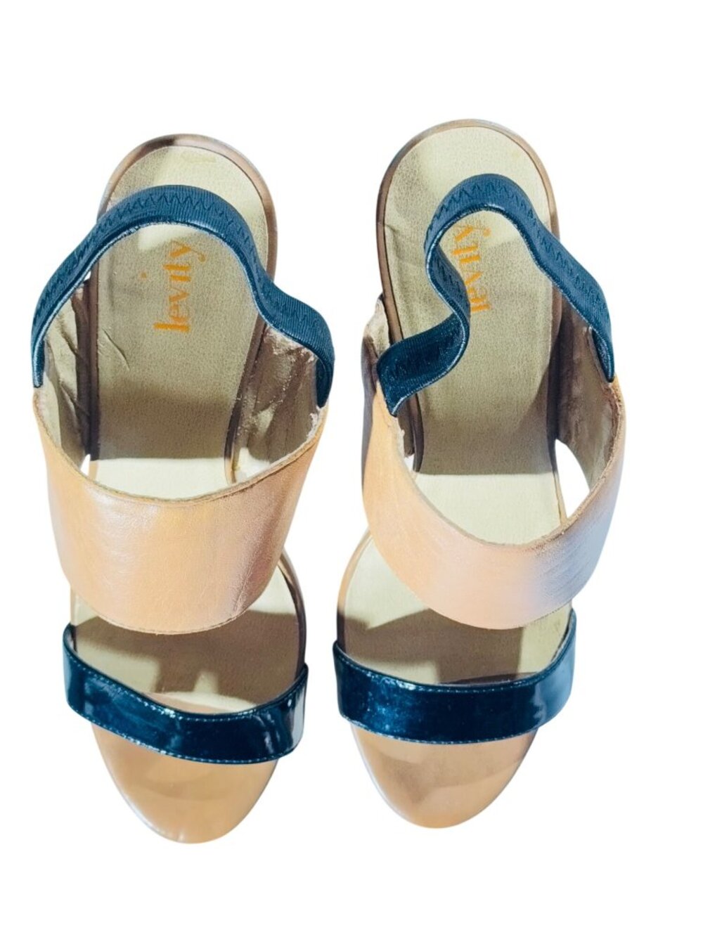 LEVITY Leather & Patent Platform Sandals With Elastic Strap & Wooden Block Heels - Picture 3 of 11